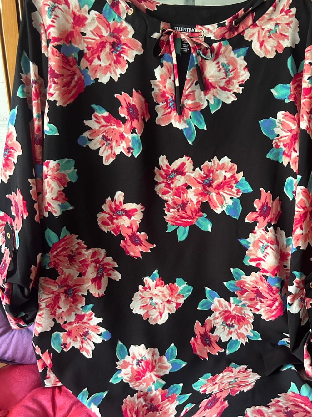 Ellen Tracy Black Blouse with Pink Floral